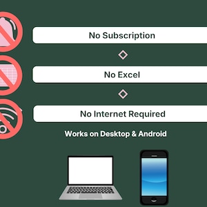 Device compatibility graphic showing VADesk Tracking Centre works on desktop and Android with no subscription and no internet required
