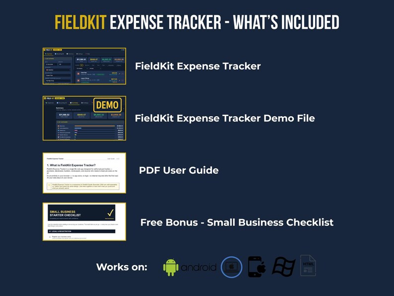 Graphic listing what's included with FieldKit Expense Tracker: the app, demo file, PDF user guide, and free Small Business Starter Checklist, compatible with Android, Mac, iPhone, and Windows.