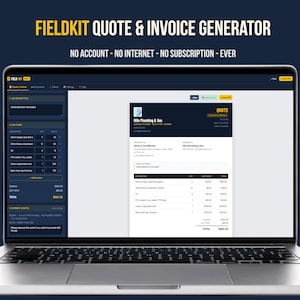FieldKit Quote and Invoice Generator open in browser on laptop, showing live quote preview with line items, totals and branded header. No account, no internet, no subscription.