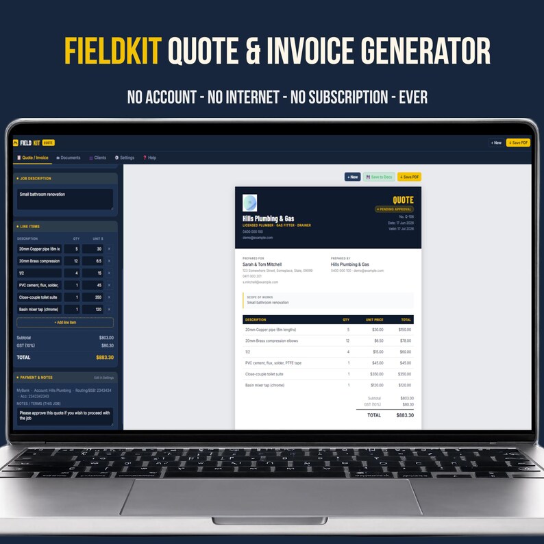 FieldKit Quote and Invoice Generator open in browser on laptop, showing live quote preview with line items, totals and branded header. No account, no internet, no subscription.