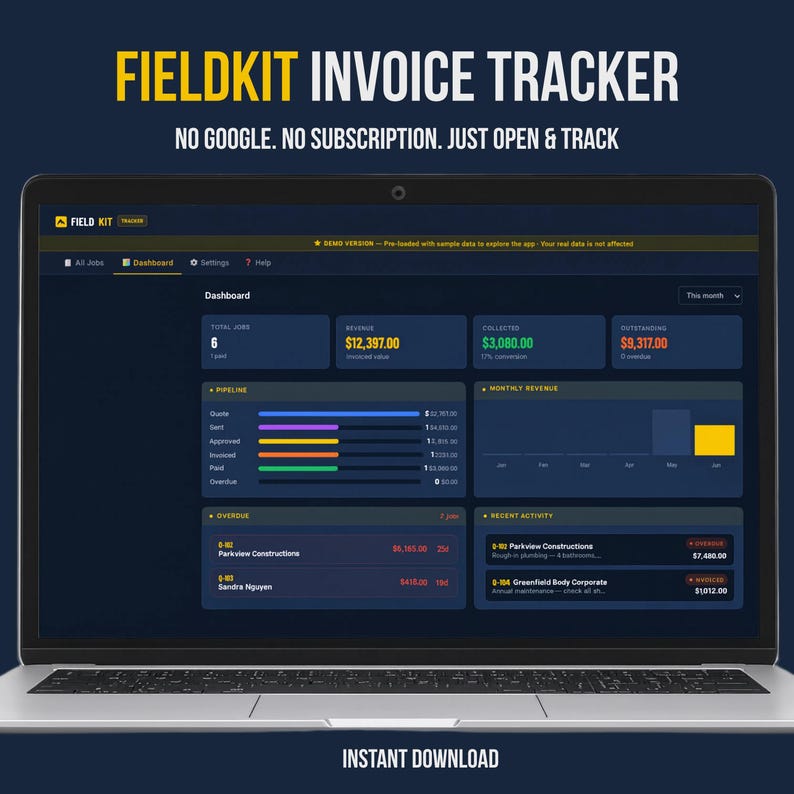 FieldKit Invoice Tracker dashboard on laptop — no Google, no subscription, just open and track. Shows KPI cards, pipeline bars, monthly revenue chart, and overdue alerts