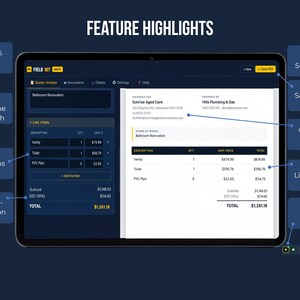 FieldKit feature highlights — quote to invoice in one click, works offline, no subscription, multi-currency, custom tax label, logo upload, 8 color themes, PDF export.