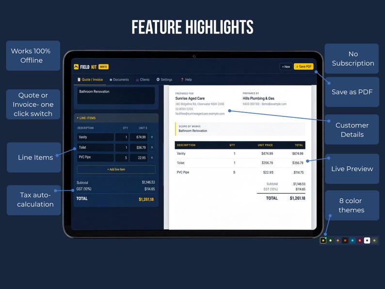 FieldKit feature highlights — quote to invoice in one click, works offline, no subscription, multi-currency, custom tax label, logo upload, 8 color themes, PDF export.