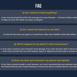 Fieldkit Expense Tracker FAQ - Do I need to install anything ? Do I need Internet to Use this ? What happens if I clear my browser cache ? Does my data sync between my phone and laptop