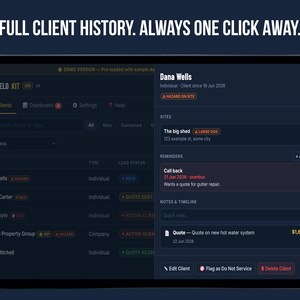 FieldKit CRM client detail panel with notes timeline, reminders, and site hazard flag — customer management tool for contractors