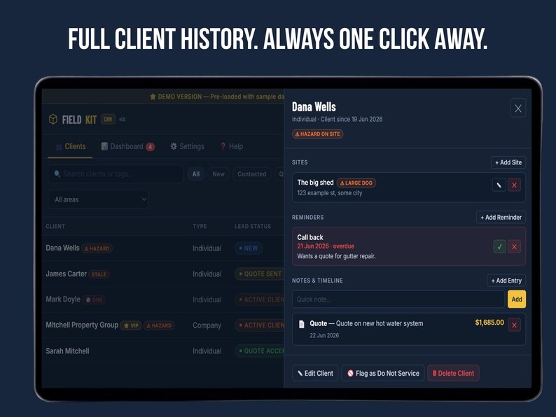 FieldKit CRM client detail panel with notes timeline, reminders, and site hazard flag — customer management tool for contractors