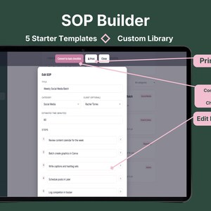 VADesk Planning SOP Builder with 5 starter templates, a custom SOP library, printable steps, and one-click convert-to-task-checklist