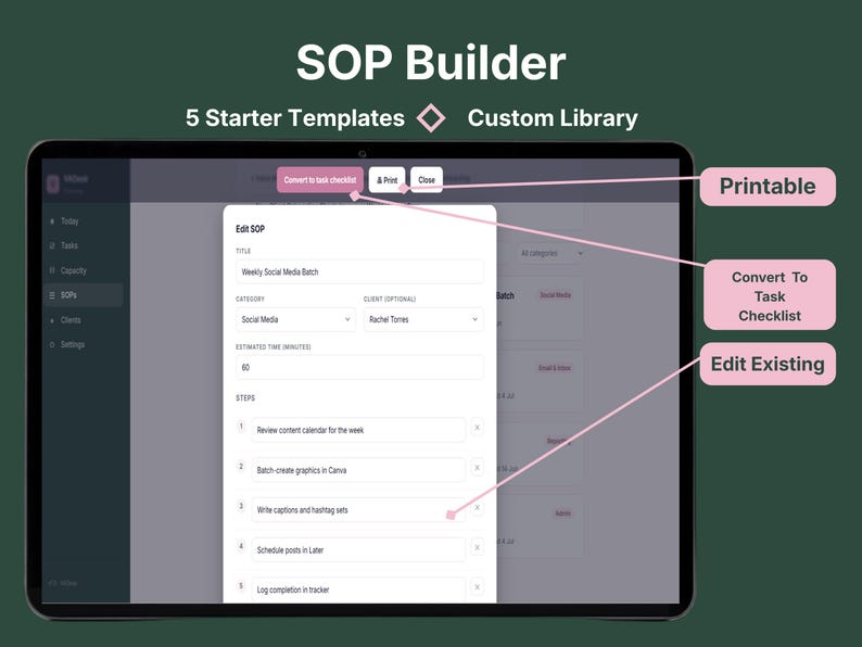 VADesk Planning SOP Builder with 5 starter templates, a custom SOP library, printable steps, and one-click convert-to-task-checklist