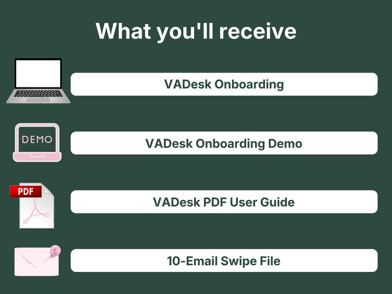 Graphic showing the four files included with VADesk Onboarding: the app, demo, PDF user guide, and email swipe file