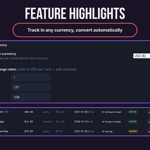 Subly currency settings showing editable exchange rates, with a subscriptions list converting GBP and USD charges into a single home currency