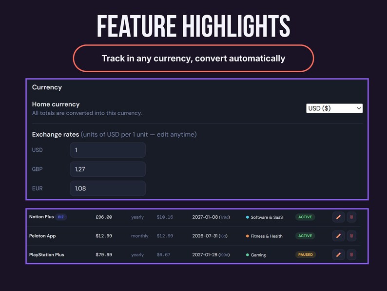 Subly currency settings showing editable exchange rates, with a subscriptions list converting GBP and USD charges into a single home currency