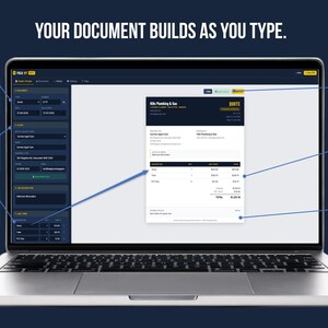 FieldKit Quote and Invoice Generator live preview on laptop — form on left updates the professional quote document on the right in real time as you type.