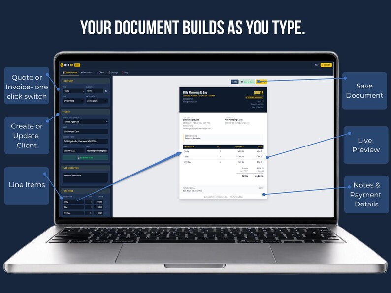 FieldKit Quote and Invoice Generator live preview on laptop — form on left updates the professional quote document on the right in real time as you type.