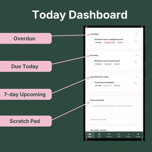VADesk Planning Today Dashboard on mobile showing overdue tasks, due today, 7-day upcoming view, and an autosaving scratchpad for virtual assistants