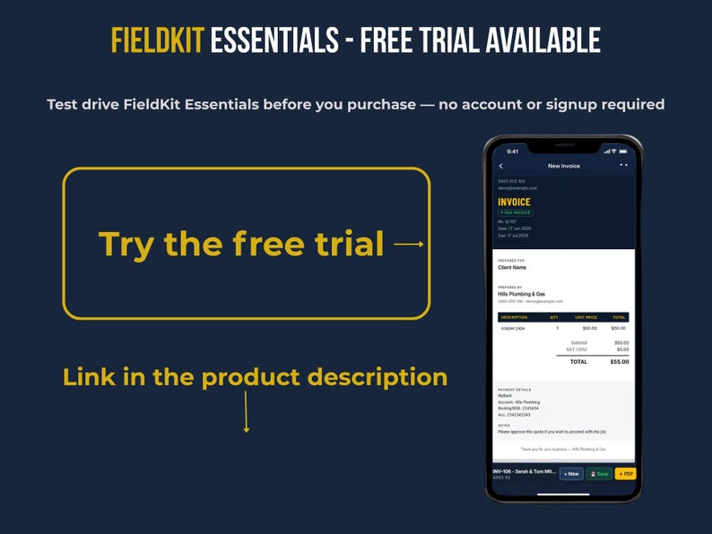 FieldKit Essentials free trial available — test drive the quote and invoice generator before you purchase, no account or signup required. Screenshot of FieldKit invoice on mobile phone. Link in the product description.