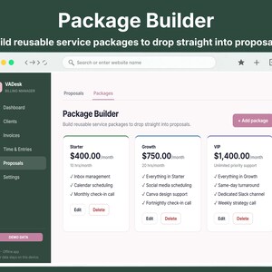 Package builder screen for creating reusable service packages with pricing to drop straight into client proposals