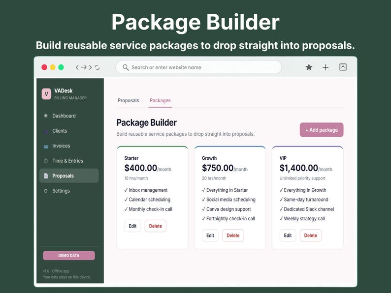 Package builder screen for creating reusable service packages with pricing to drop straight into client proposals