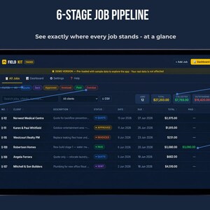 FieldKit Invoice Tracker all jobs view showing 6-stage pipeline filter pills: Quote, Sent, Approved, Invoiced, Paid, Overdue — see every job status at a glance