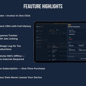 FieldKit PRO feature highlights — quote to invoice, client CRM, expense tracker, mileage log, works offline, no subscription one-time purchase, data stays on your device