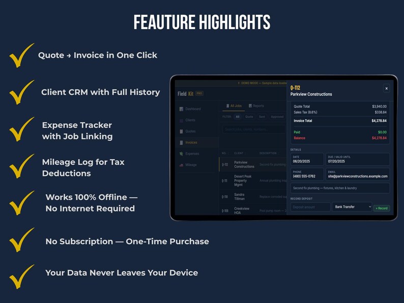 FieldKit PRO feature highlights — quote to invoice, client CRM, expense tracker, mileage log, works offline, no subscription one-time purchase, data stays on your device
