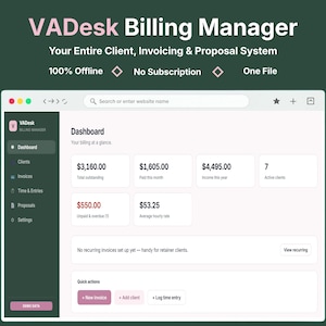 May include: A digital interface for VADesk Billing Manager displaying a dashboard with financial metrics including total outstanding, paid this month, income this year, active clients, unpaid and overdue amounts, and an average hourly rate.