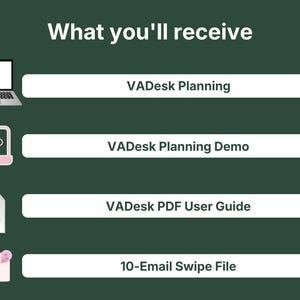 What's included with VADesk Planning: the offline planning webapp, a free interactive demo, a PDF user guide, and a 10-email client swipe file bonus