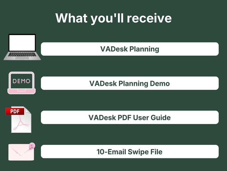 What's included with VADesk Planning: the offline planning webapp, a free interactive demo, a PDF user guide, and a 10-email client swipe file bonus
