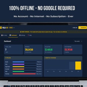 FieldKit Invoice Tracker works 100% offline with no Google account required — no account, no internet, no subscription, ever