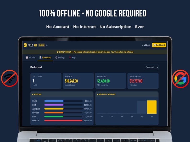 FieldKit Invoice Tracker works 100% offline with no Google account required — no account, no internet, no subscription, ever