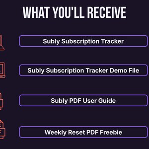 List of files included with Subly: the subscription tracker, a demo file, a PDF user guide, and a weekly reset PDF freebie