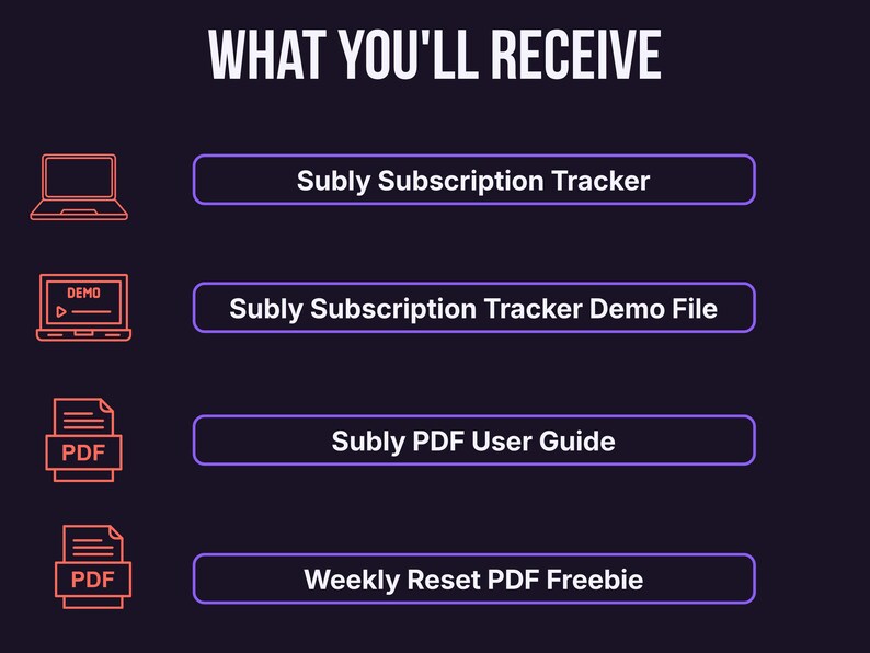List of files included with Subly: the subscription tracker, a demo file, a PDF user guide, and a weekly reset PDF freebie