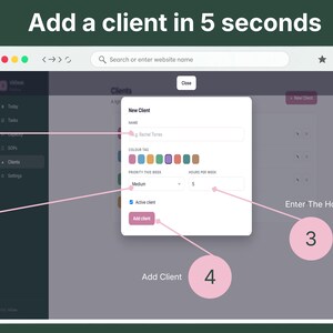 Add a client in 5 seconds using VADesk Planning's client manager — name, colour tag, weekly priority, and hours per week