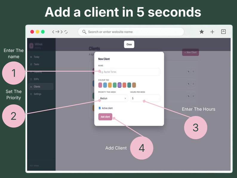 Add a client in 5 seconds using VADesk Planning's client manager — name, colour tag, weekly priority, and hours per week