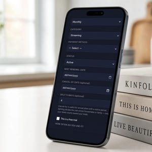 iPhone on a desk showing the Subly add-subscription form with billing cycle, category, split-ways, and trial fields, styled next to home decor books