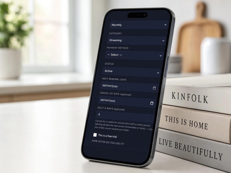 iPhone on a desk showing the Subly add-subscription form with billing cycle, category, split-ways, and trial fields, styled next to home decor books