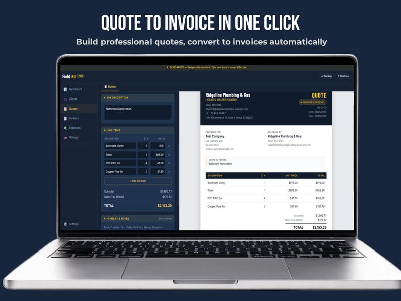 Quote to invoice builder for self-employed — FieldKit PRO converts quotes to professional invoices in one click, offline HTML app for freelancers and contractors