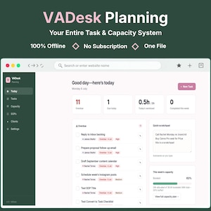 Virtual Assistant Planner & Capacity Tracker | Freelancer Task Manager, Client Hours and SOP Builder | Not a Spreadsheet, 100% Offline