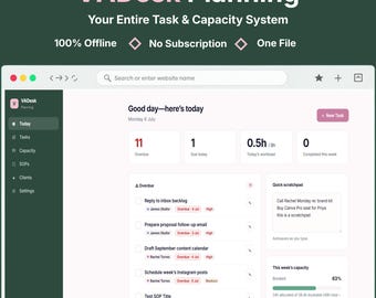Virtual Assistant Planner & Capacity Tracker | Freelancer Task Manager, Client Hours and SOP Builder | Not a Spreadsheet, 100% Offline