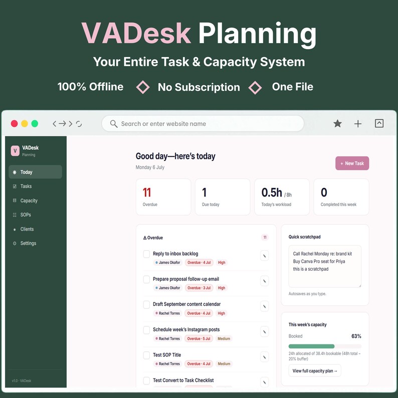 VADesk Planning offline virtual assistant planner dashboard — task tracker and capacity planner for freelancers, 100% offline, no subscription, single file