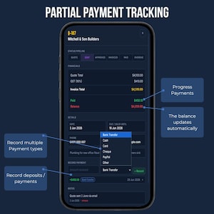 FieldKit Invoice Tracker partial payment tracking on mobile — record deposits, progress payments, and finals with automatic balance calculation