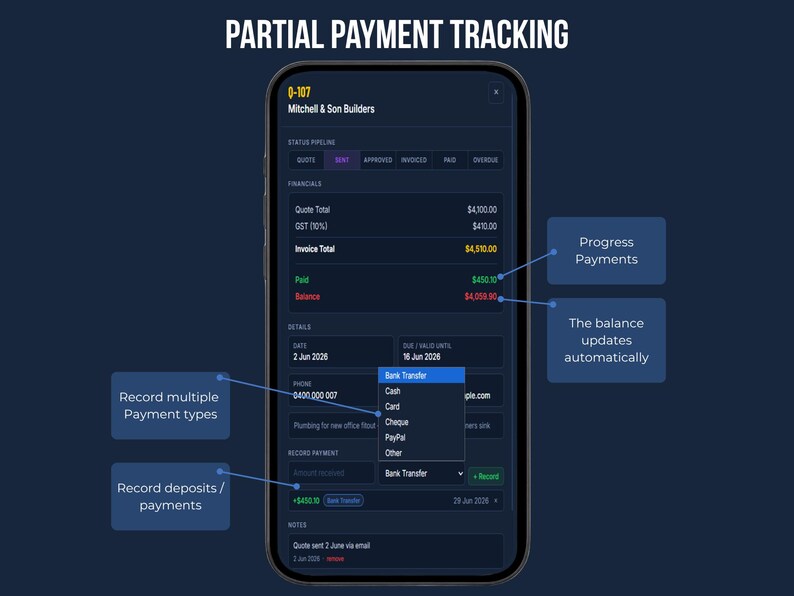 FieldKit Invoice Tracker partial payment tracking on mobile — record deposits, progress payments, and finals with automatic balance calculation