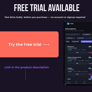 Subly free trial mobile preview showing the subscriptions list, with a note that no account or signup is required to try it