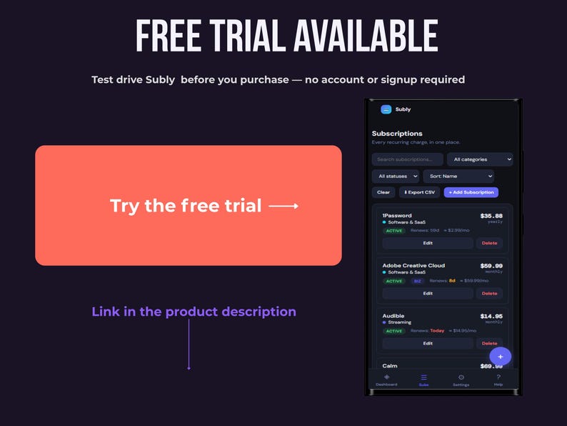 Subly free trial mobile preview showing the subscriptions list, with a note that no account or signup is required to try it