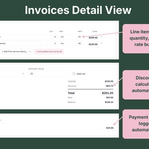 Invoice detail view with line items, quantity and rate, automatic discount calculation, and payment history logged automatically