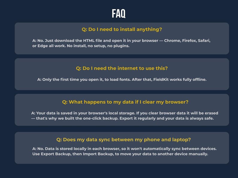 FieldKit PRO FAQ — no install needed, works offline after download, fully responsive on phone tablet and laptop, one-click backup prevents data loss, no internet required after setup