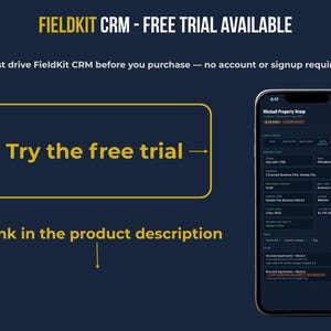 FieldKit CRM free trial screenshot on iPhone showing a client detail panel for a property management company, with VIP badge, hazard warning, lead status tracker, contact info, lifetime value, and multiple site records. Go to the description for the free trial link