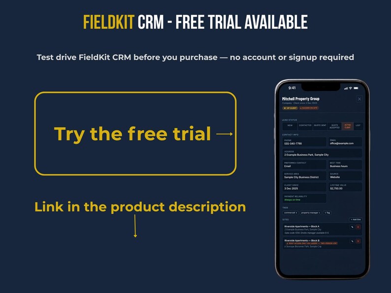 FieldKit CRM free trial screenshot on iPhone showing a client detail panel for a property management company, with VIP badge, hazard warning, lead status tracker, contact info, lifetime value, and multiple site records. Go to the description for the free trial link