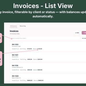 Invoice tracker list view showing draft, sent, and paid invoices with balances that update automatically as payments come in