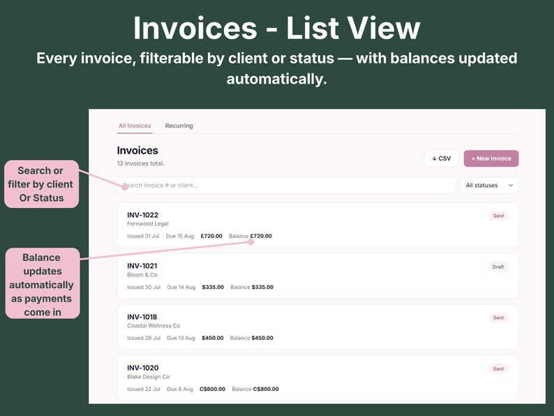 Invoice tracker list view showing draft, sent, and paid invoices with balances that update automatically as payments come in