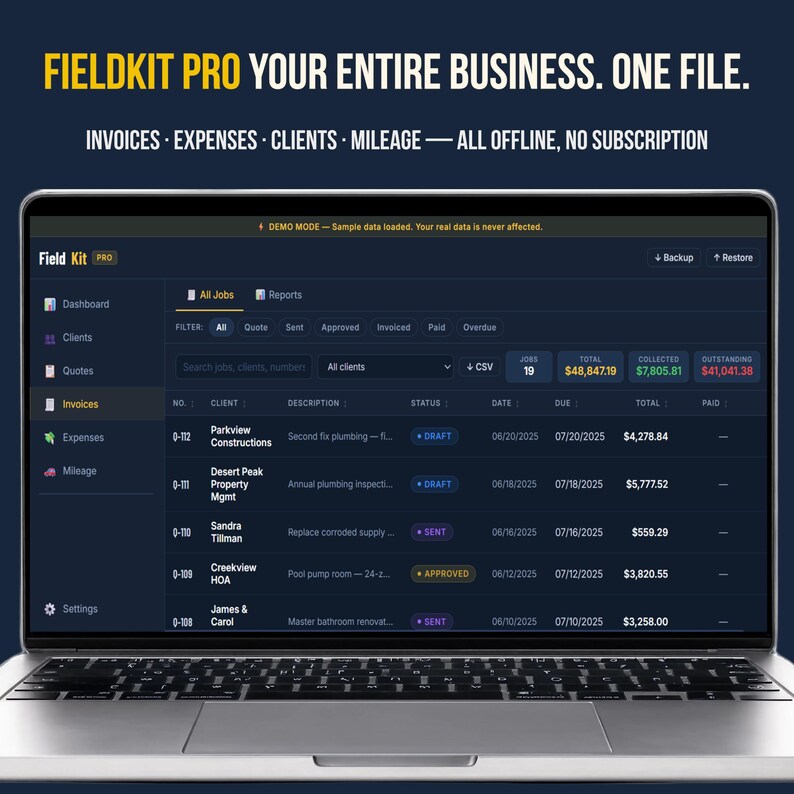 FieldKit PRO small business finance tracker — invoice and expense tracker app, no subscription, instant download HTML file, works offline on Mac and Windows